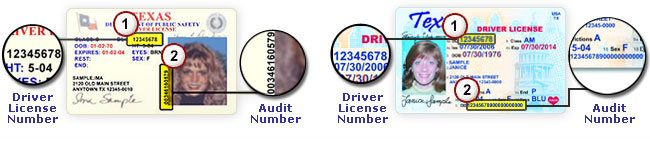 Diagram showing where to find your Driver’s License Number and DPS Audit Number on your driver’s license.